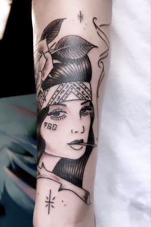 American Traditional Chicano Chola Black and Gray