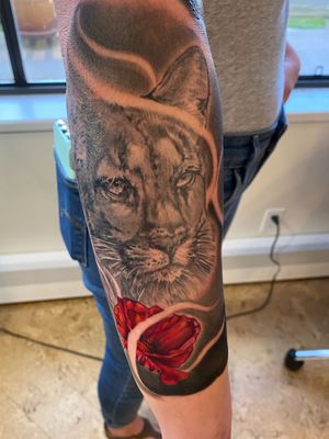Sleeve I am working on. Black and grey  mountain lion. Cougar 