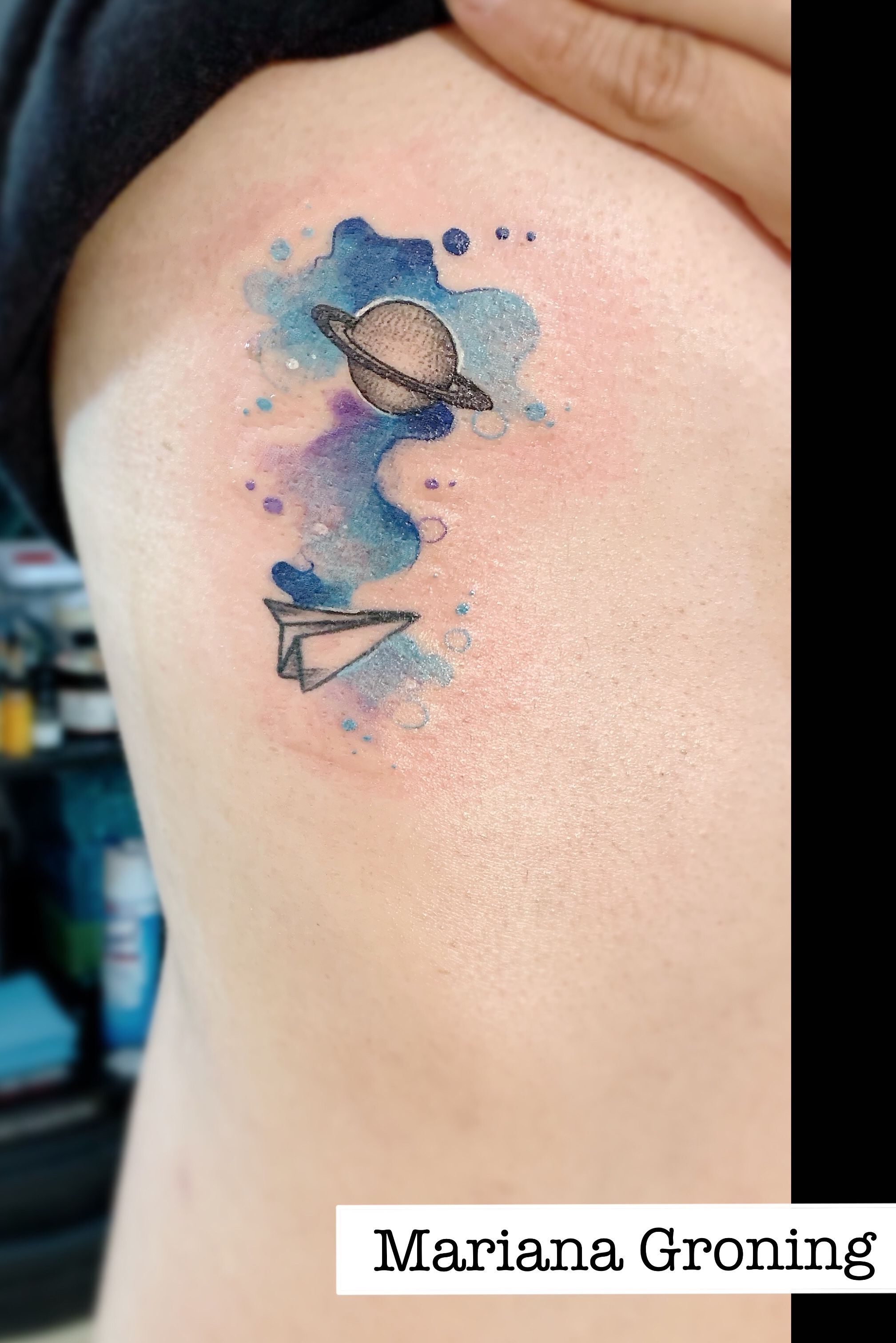 Tattoo uploaded by Karma Ink Collective • Tatuaje de Saturno con acuarela  hecho por Mariana Groning ¿cuál es tu planeta favorito? Envíanos mensaje y  agenda tu cita. Karma Ink Collective es un