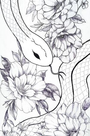 first time editing a photo of my art ahhh, here is my snake boii like the sketchy look of the flowers so i left them hehe