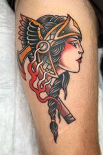 Tattoo by Piettro Torchio #PiettroTorchio #traditional #color #surreal #ladyhead #warrior #viking