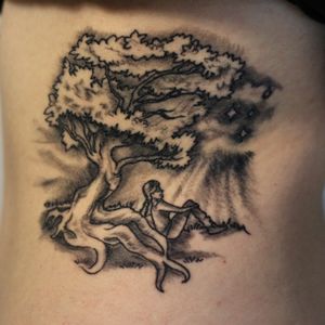 someone sitting under a tree woth four stars in the sky. Original artwork by Brian MacKenzie, Vintage Tattoos, New Glasgow, NS,CA. 