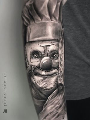 Horror Clown Realistic Tattoo Black and Grey Joel Meyer