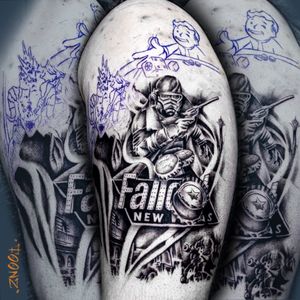 Fun fallout tattoo I got to do. Not sure how this app works or if hashtags help but #fallouttattoos #balckandgrey 
