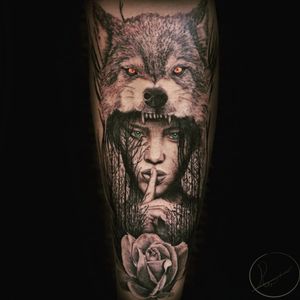 Woman forest and wolf, legtattoo. Black and Grey with color