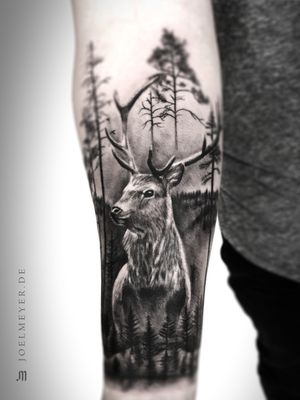 Deer Forest Realistic Tattoo Black and Grey Joel Meyer
