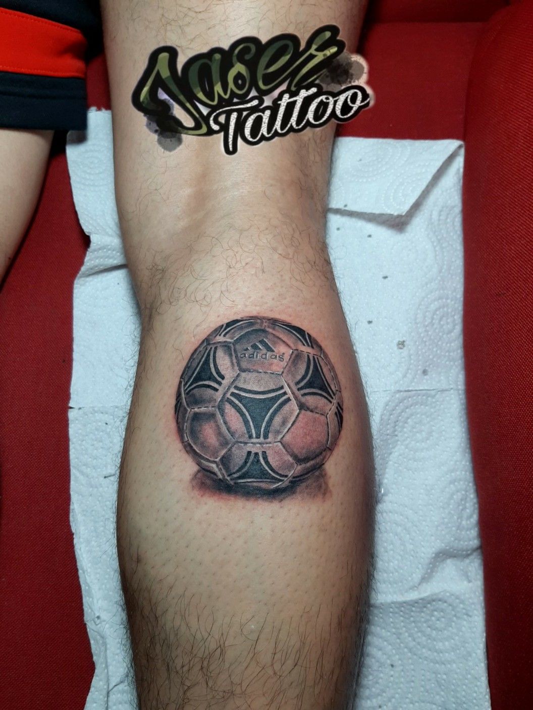 Tattoo by Jaser Tattoo • #tatuajes #balon #Futbol #realismo #blackandgrey #sombreado #adidas #tatuaje para #hombre . . #jaser #tattooart #ink ⚡ • Tattoodo
