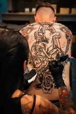 Rock of Ages backpiece in progress by Kim-Anh Nguyen-Dinh