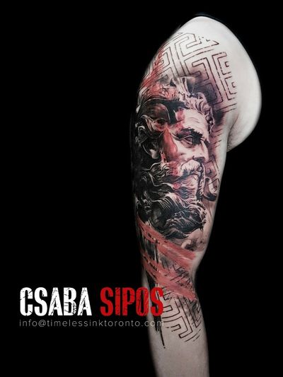 A stunning blackwork sleeve tattoo featuring a realistic Poseidon surrounded by intricate geometric patterns and mandalas, all beautifully executed by Csaba Sipos.