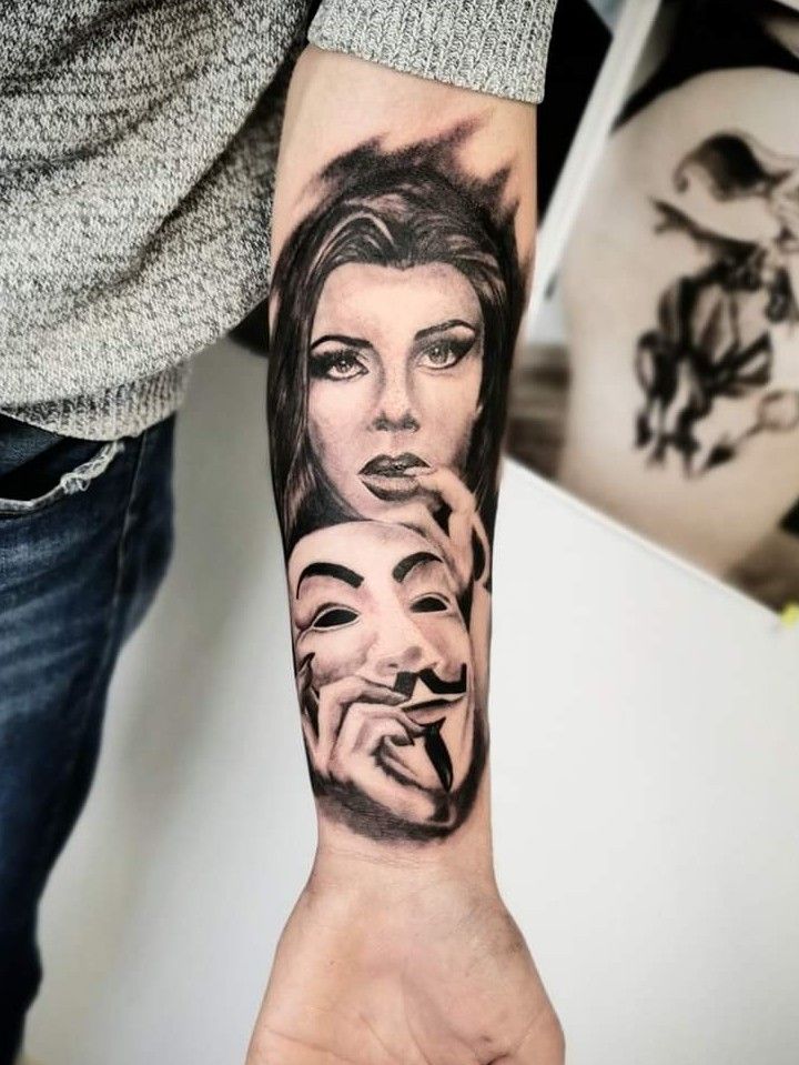 Tattoo tagged with: black and grey, big, frankylozano, mask, women,  facebook, location, venetian mask, twitter, portrait, inner forearm,  venice, other | inked-app.com