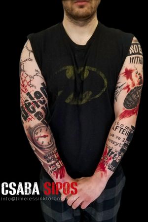 Combining blackwork, lettering, realism, and trashpolka styles, Csaba Sipos creates a dynamic sleeve with patterns, grenades, quotes, and gauges.
