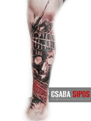 A bold mix of skull, gun, and bullet motifs with intricate blackwork, lettering, and realism by Csaba Sipos.