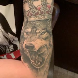 Healed Wolf with crown on Thom. #realistic #realism #realistictattoo #wallsandskin 