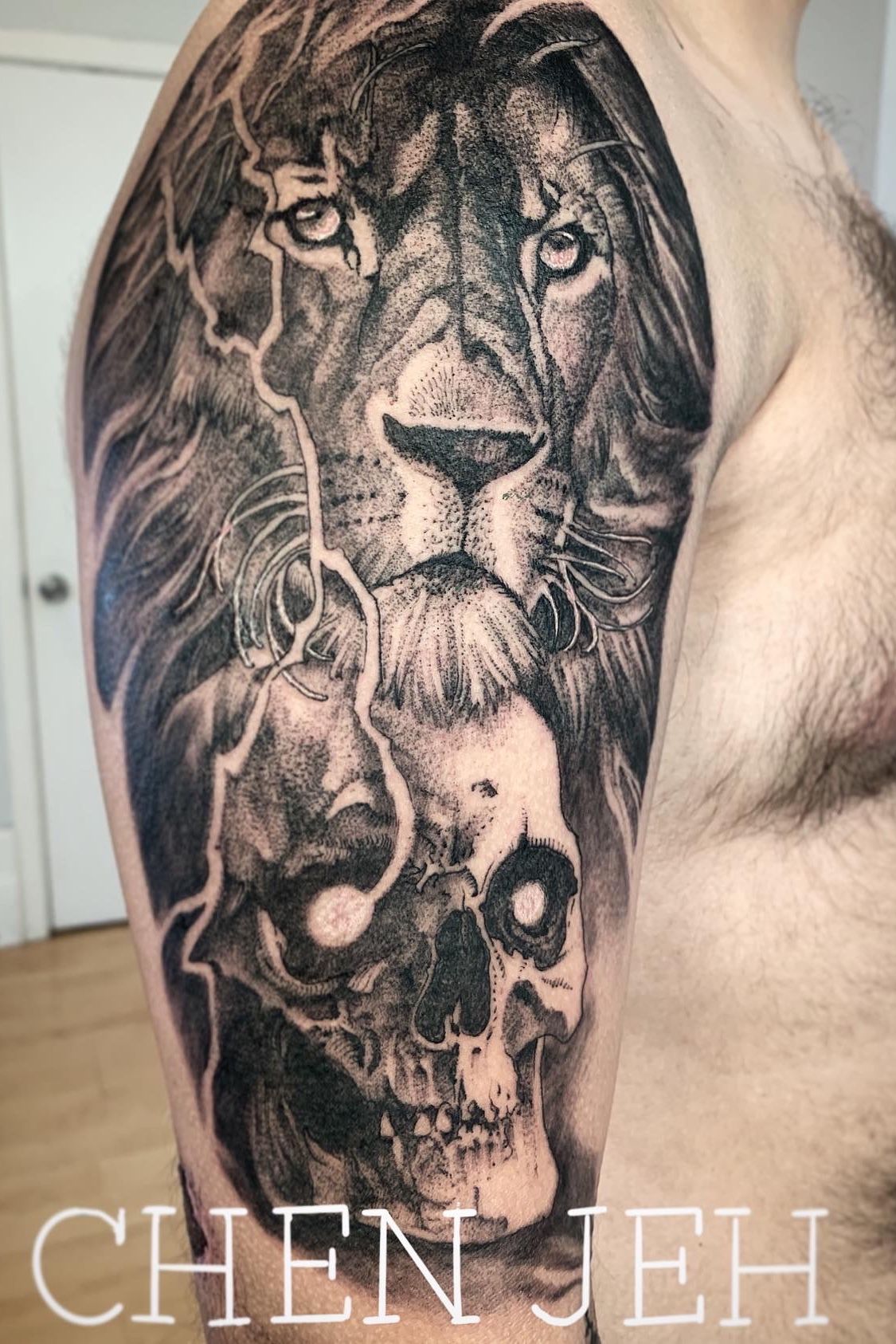 Tattoo uploaded by Chasinghawk Tattoos • + Half lioness half human skull  rib tattoo + #lioness #humanskull #blackwork #geometric #dotwork #ribtattoo  #nativeamericsn #halfandhalf #femaletattooartist • Tattoodo