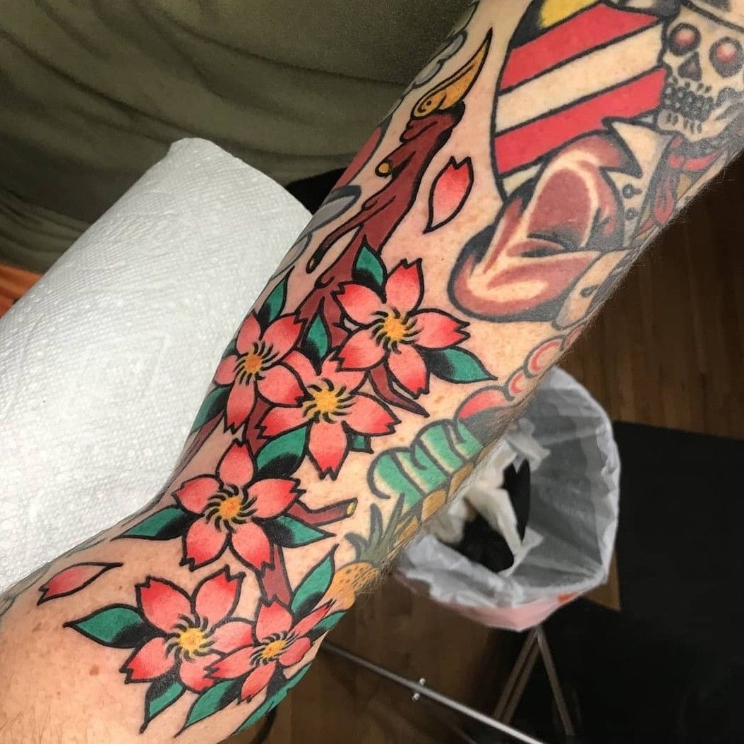 Tattoo uploaded by Steve Conkey • Traditional Old School Cherry Blossoms #traditionaltattoos #oldschooltattoos #AmericanTraditional #traditionaltattoo #traditional #oldschooltattoo #oldschool #flowertattoo #flowers #cherryblossom #cherryblossomtattoo ...