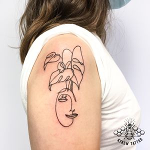 Single Line Cheese Plant & Face Tattoo by Kirstie @ KTREW Tattoo #singleline #tattoo #cheeseplant #birminghamuk #planttatoo 
