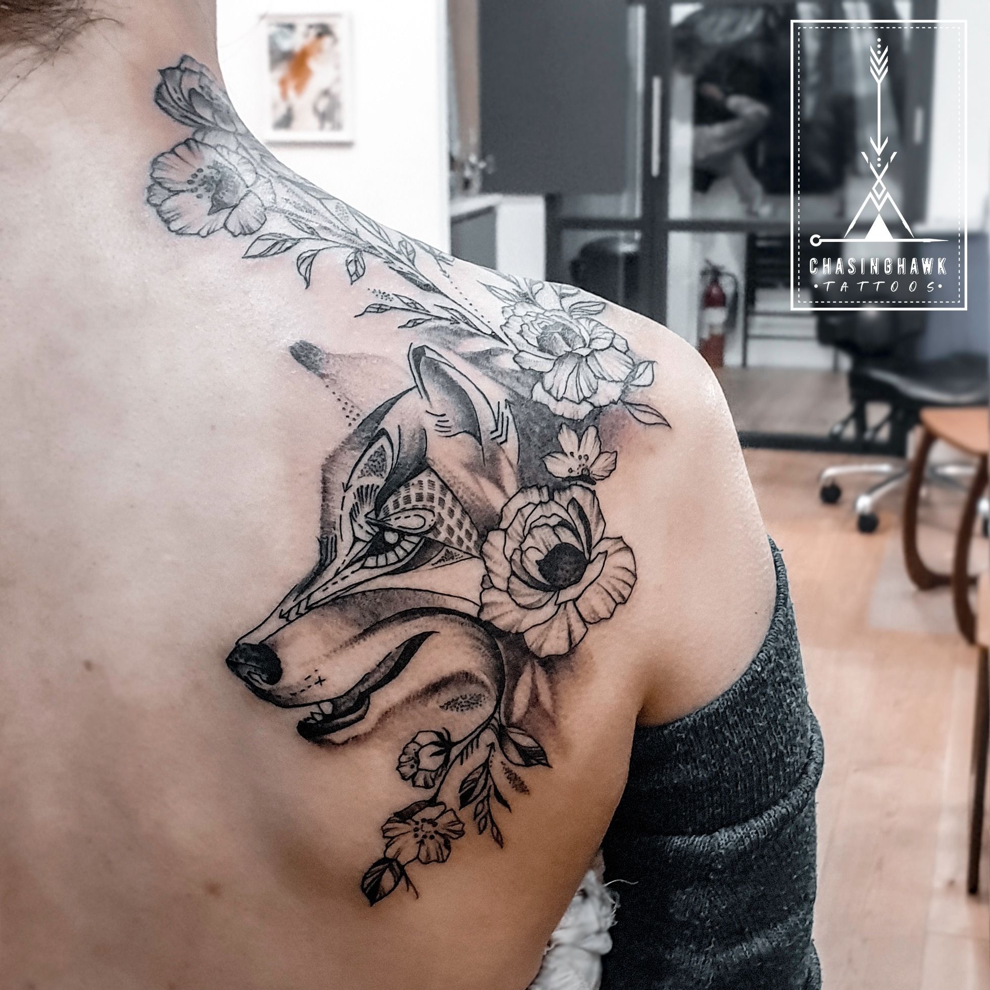 Tattoo uploaded by Chasinghawk Tattoos • Wolf in Flowers Tattoo • Tattoodo