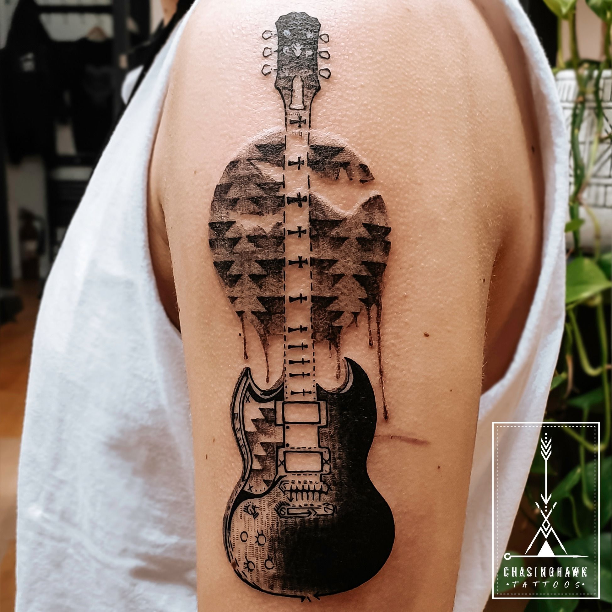 My dad's guitar, my first tattoo. Done by Suze at stripes tattoo in Arnhem,  Netherlands : r/tattoos