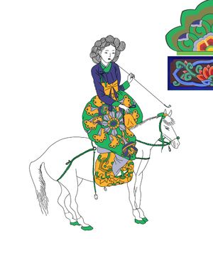 available. color workkorean traditional art designa woman holing pipe on white horse