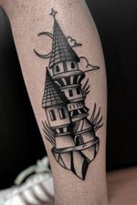 traditional castle tattoo by satanischepferde #blackwork #blacktraditional #oldschool #bold #blackandgrey #erfurt #satanischepferde #dark #darkart #castle #tower #legtattoo
