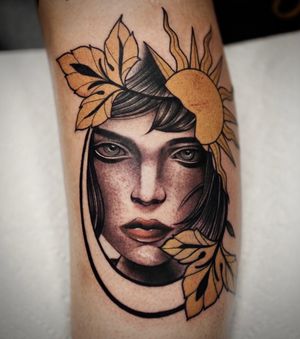 Tattoo by Danny Pando #DannyPando #portrait #lady #fall #leaves #sun #neotraditional
