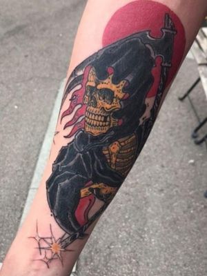 Reaper tattoo by Francesco Pippie #FrancescoPippia #reaper #color #skull #scythe #red #death #skeleton