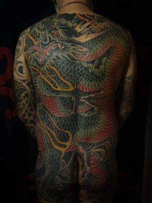 Tattoo by Sven Anholt #SvenAnholt #Anholttattoo #japanese #dragon #color #fire #scales #clouds #bodysuit #backpiece