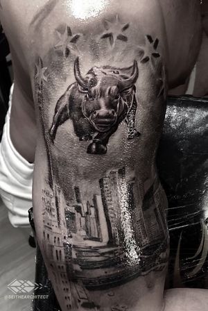 In progress shot of a Chicago themed half sleeve 