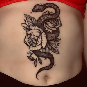Snake with roses on my sternum/stomach. My most beautiful and badass tattoo. #snake #sternum #stomach #roses #rose #badass #snakeandroses #women #woman 