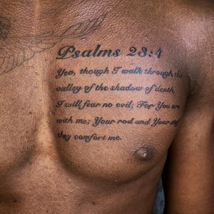 Psalms 23:4....#tattoo #tattoodesign #tattooist #tattooart #illsontattoo #lettering #letteringtattoo #linework #seoultattoo #chesttattoo #bible #psalms 