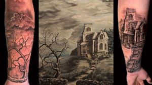 One of my grandma's paintings from the 70's. Thought it was a good way to remember her.#painting #spooky #hauntedhouse #haunted #halfsleeve #house #tree @cantutattoo