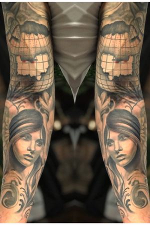 Black and grey full sleeve, Angel and world map 