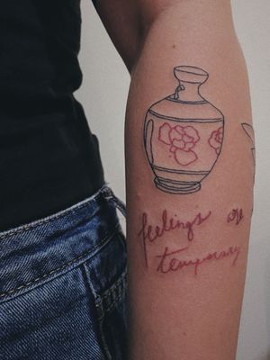Feelings are temporary #tattoo #tattooart #ink #inked #inkedgirls #vase #vasetattoo #line #linework #lineworktattoo #redink #lettering #letterstattoo