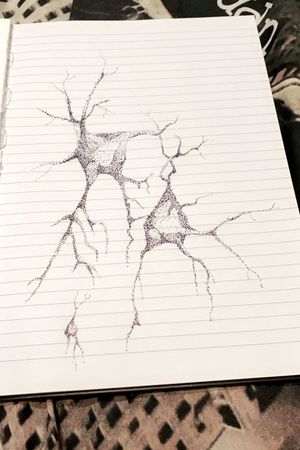 Dot work neuronal tree. With a deep interest in neuroscience as a medical subject, I want to display this as a wrap for my forearm, with the synapses in the lower left folding round to connect to the dendrites in the top right. Took inspiration from some neuron artwork and simply extended it slightly to incorporate a wrap 