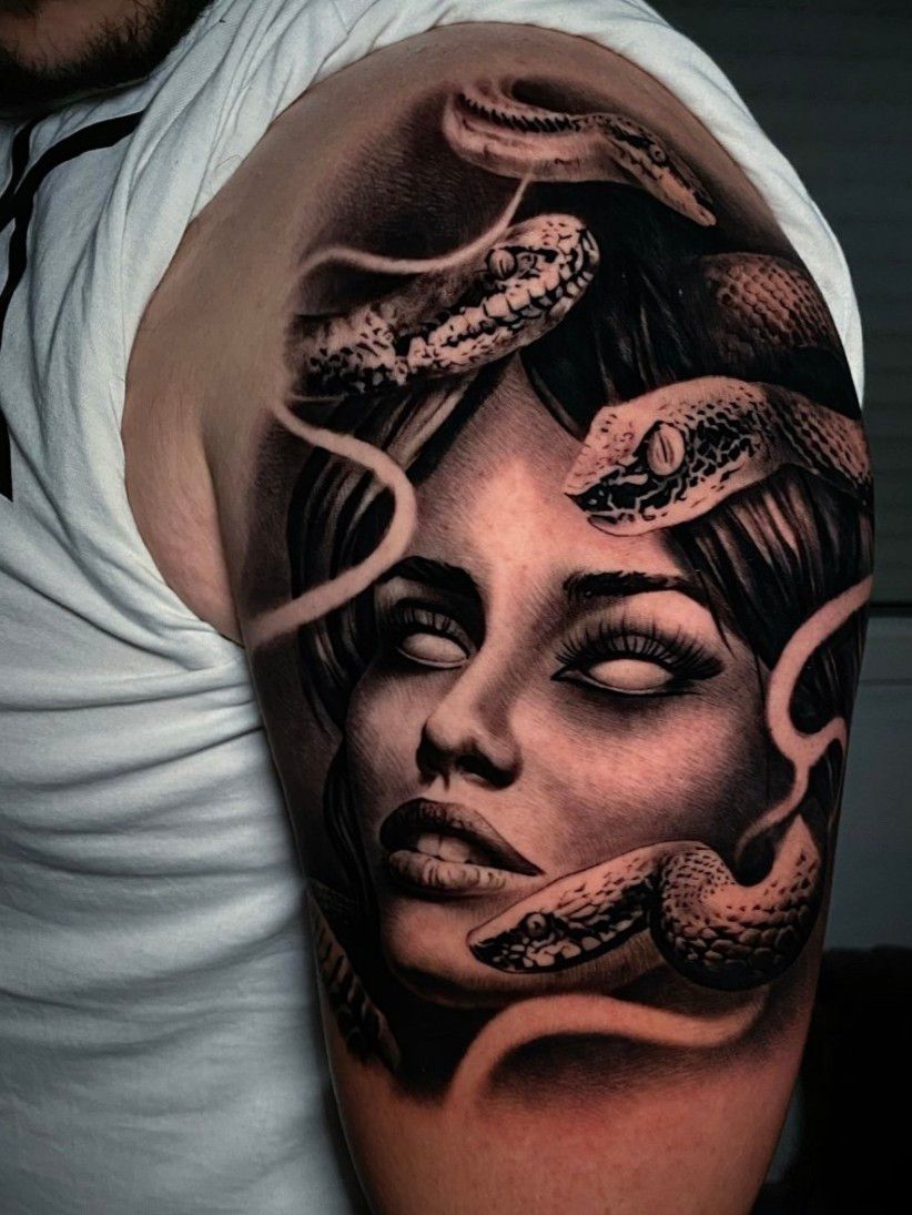 Tattoo uploaded by Goldie • Medusa #snakes #snake #color #linework #medusa  #greek #greekmythology #art • Tattoodo
