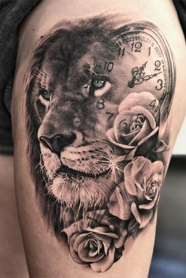 Black and grey style lion and compass on the right