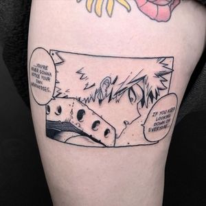 Get a unique illustrative tattoo on your upper leg featuring a man with small lettering, done by the talented artist Drip Skull.