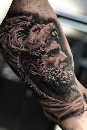 Tattoo uploaded by World Famous Tattoo Art Gallery Long Island • #greek  #statue #lion by Po over a scar • Tattoodo