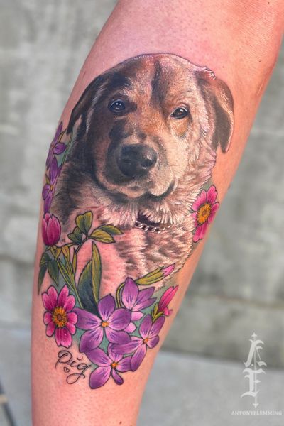 Dog tattoo by Antony Flemming #dogtattoo #dog #flowers