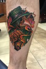 My Covid tattoo!! Plague doctor. Custom piece by Wolf! #plaguedoctor #neotraditional #color 