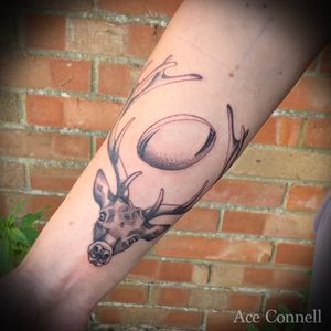 Dotwork Red Deer with a Steeden rugby league ball.