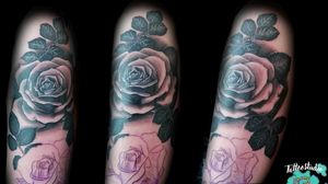 Rose arm sleeve in progress #tattoo #tattoos #freshink #freshlyinked #blackandgreytattoo #blackandgrey #realistic #realistictattoo #rose #rosetattoo