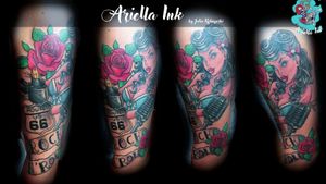 Pin up Arm Sleeve/Cover up in progress #tattoo #tattoos #freshink #freshlyinked  #design #art #pinup #zippo #rose #microphone #neotraditional #rockabilly #neotraditional #neotradeu #neotraditionaltattoo #rocjabillytattoo #pinuptattoo #rocknroll