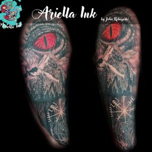 Skyrim Arm Sleeve in Progress #tattoo #tattoos #design #tattoodesign #concept #skyrim #fantasy #theelderscrolls #tes #skyrimtattoo #dragob #mountain #cat #khajiit #warrior #wolf #runes #vegvisir #blackandgrey #realistic #realistictattoo #fusrodah