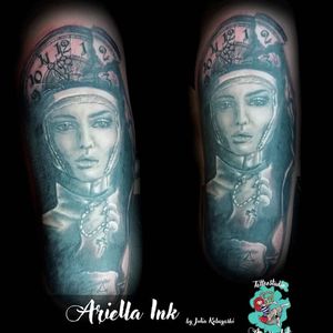 Finished cover up. Swipe to see the before picture #tattoo #tattoos #freshink #freshlyinked #blackandgreytattoo #blackandgrey #realistic #realistictattoo #nun #nuntattoo #clock #clocktattoo #candle #candletattoo