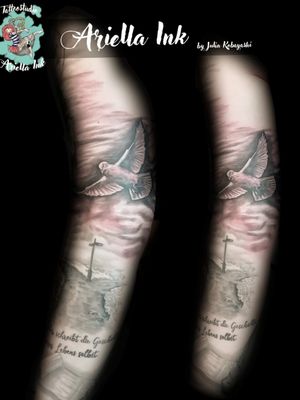 Arn sleeve in progress #tattoo #tattoos #design #blackandgrey #realistic #realistictattoo #dove #dovetattoo #ink #feather #paper #way #path #life #story #text #eternalink #cheyenne #kwadron #proton #art #artist #ink #inked
