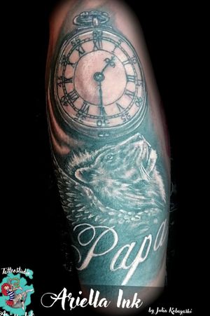 Lion & Pocket Watch Memorial Tattoo #tattoo #tattoos #freshink #freshlyinked #blackandgreytattoo #blackandgrey #realistic #realistictattoo #lion #liontattoo #clock #pocketwatch #pocketwatchtattoo #dad #daddy #papa #memory #memorial