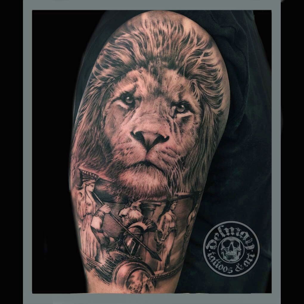 Tattoo uploaded by Pedro  Black  gray realism lion and warrior soldier  spartan pedromullertattoos  Tattoodo