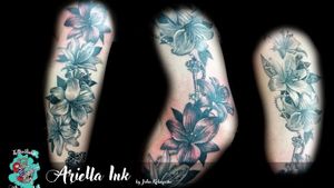 Lily Tattoo #tattoo #tattoos #freshink #freshlyinked #blackandgreytattoo #blackandgrey #realistic #realistictattoo #inkwell #thightattoo #girltattoo #lilly #lily