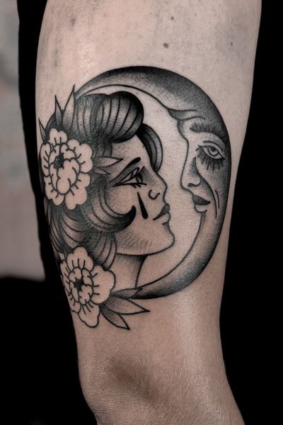 Oldschool woman and moon tattoo by satanischepferde #oldschool #blackandgrey #woman #moon #lady #peony #flower #dark #erfurt #traditional #neotraditional 
